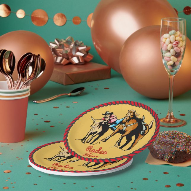 Western Party Steer Wrestling Paper Plates (Multi)