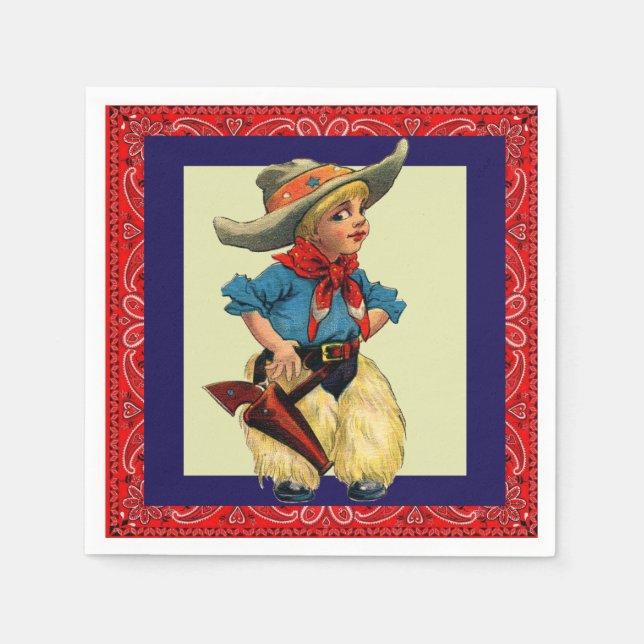 Western Party Vintage Cowboy Kid Red Bandanna Napkin (Front)
