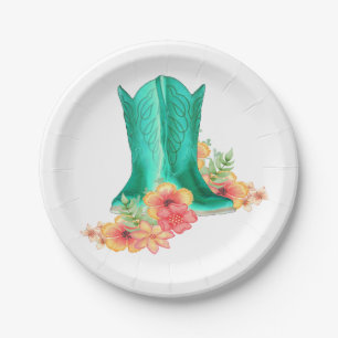 Western Party Wedding Cowboy Boots And Flowers Paper Plate