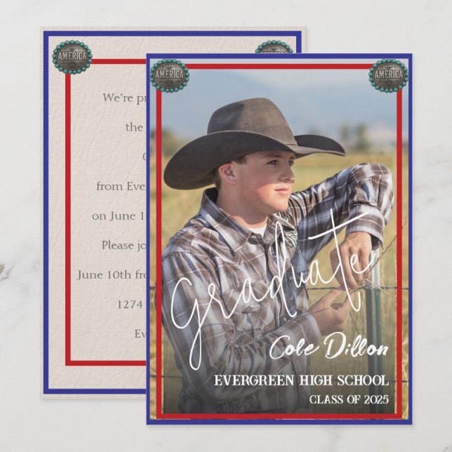 Western Patriotic Photo Graduation Invitation (Front/Back)