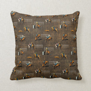 Western Pillow With Rodeo Events Design on Brown