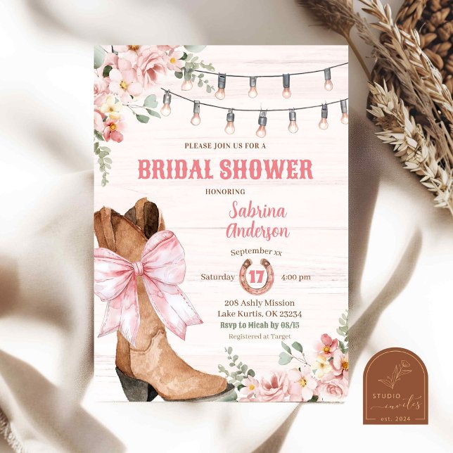 Western Pink Boots and Bow Bridal Shower Invitation (Creator Uploaded)