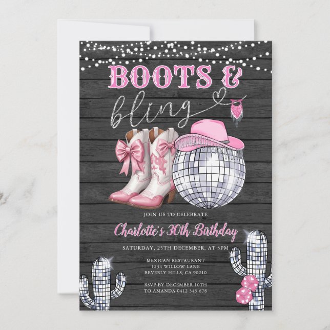 Western Pink Boots & Bling Cowgirl Cactus Birthday Invitation (Front)