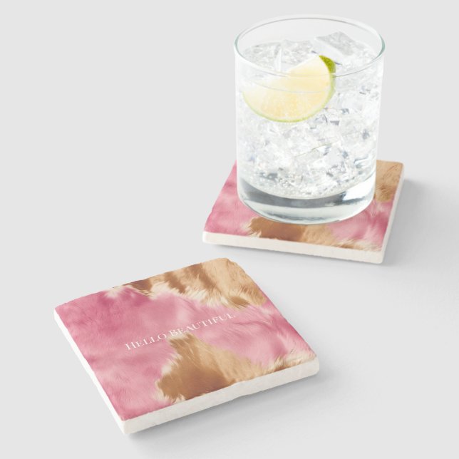 Western Pink Brown Cream Cowgirl Cowhide Stone Coaster (Side)