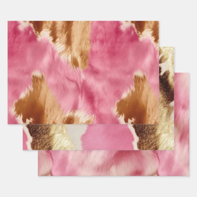 Western Pink Brown Cream Cowgirl Cowhide Wrapping Paper Sheet (Set)