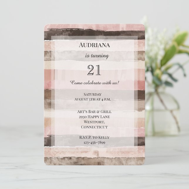 Western Pink Brown Stripes Birthday Invitation (Standing Front)