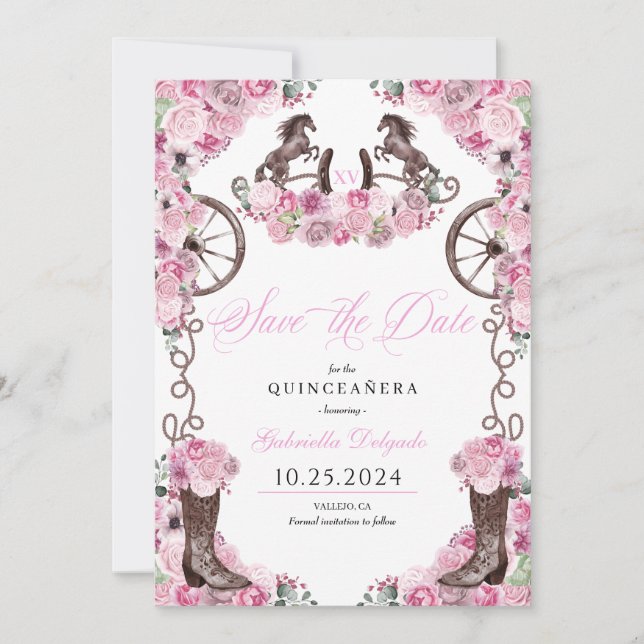 Western Pink Charro Save The Date Quinceañera Invitation (Front)