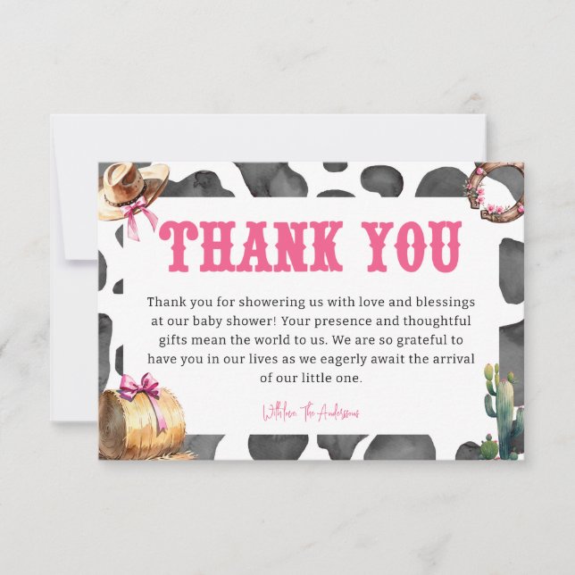 Western Pink Cowgirl Baby Shower Thank You Card (Front)