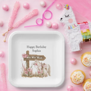Western Pink Cowgirl Wild West Horse Birthday Paper Plate