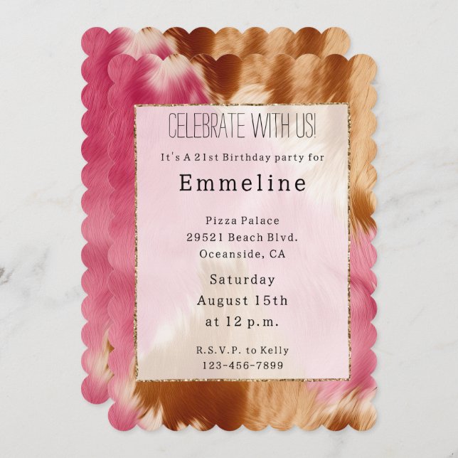 Western Pink Cream Brown Gold Cowgirl Cowhide Invitation (Front/Back)