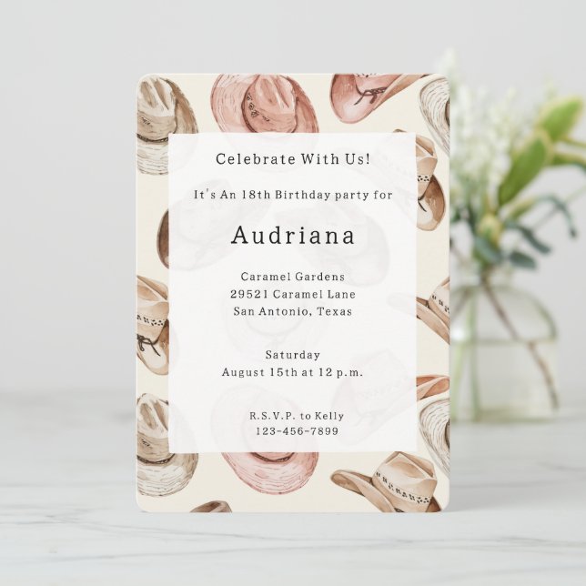 Western Pink Cream Cowgirl Hats Birthday Invitation (Standing Front)