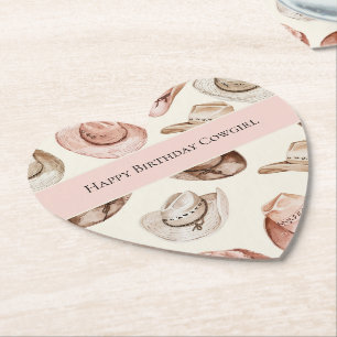 Western Pink Cream Cowgirl Hats Happy Birthday Paper Coaster