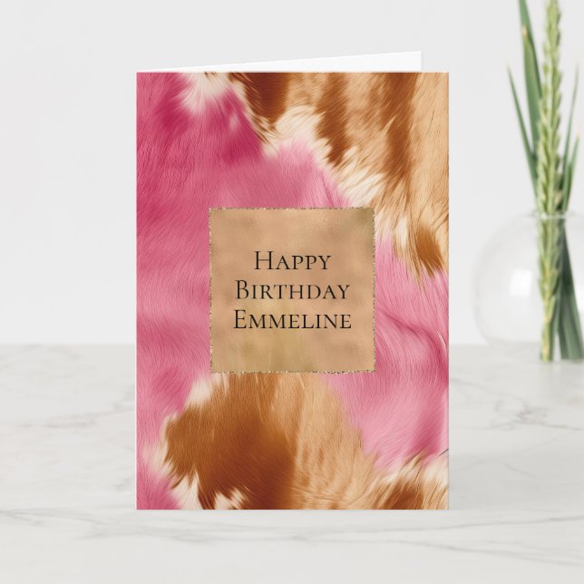 Western Pink Cream Gold Brown Cowgirl Cowhide Card (Front)