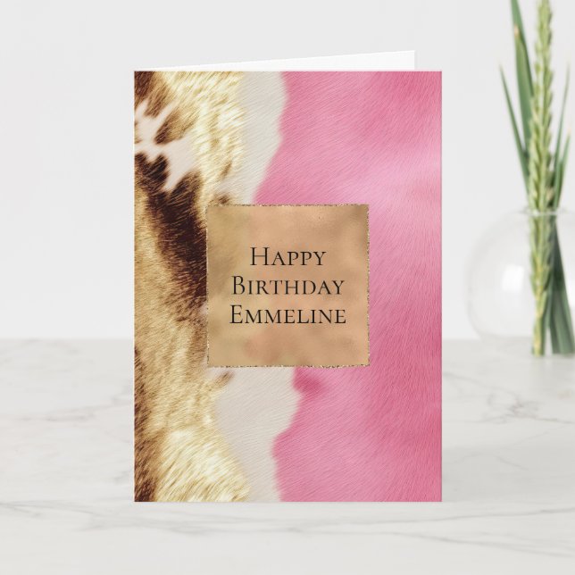 Western Pink Cream Gold Cowgirl Cowhide Card (Front)