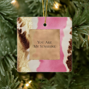 Western Pink Cream Gold Cowgirl Cowhide Ceramic Ornament