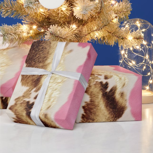 Western Pink Cream Gold Cowgirl Cowhide Wrapping Paper (Holidays)