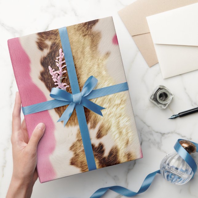 Western Pink Cream Gold Cowgirl Cowhide Wrapping Paper (Gifting)