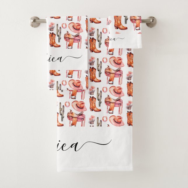 Western pink orange cowgirl script name bath towel set (Insitu)
