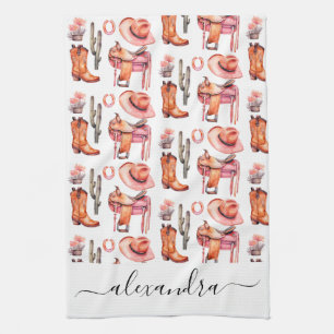 Western pink orange cowgirl script name tea towel