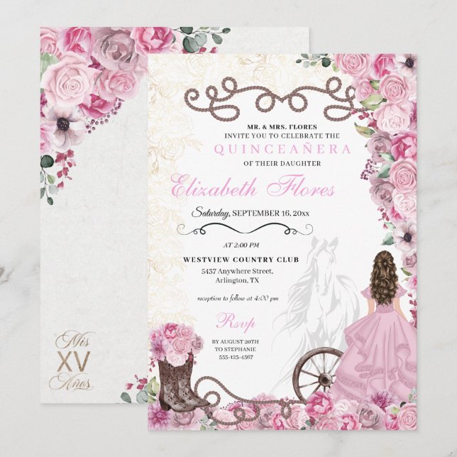 Western Pink Princess Floral Charra Quinceañera Invitation (Front/Back)