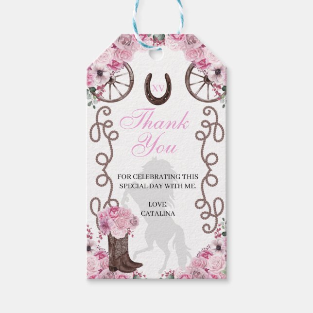 Western Pink Ranchero Quinceanera Gift Tags (Front)