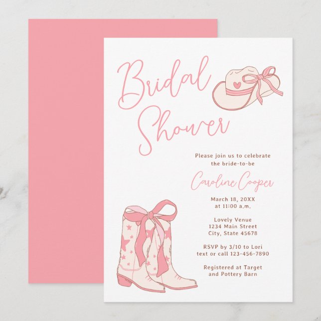 Western Pink Rodeo Boots with Bows Bridal Shower Invitation (Front/Back)