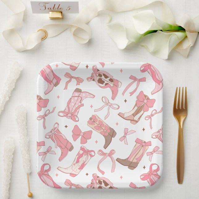 Western Pink Rodeo Boots with Bows Bridal Shower Paper Plate (Wedding)