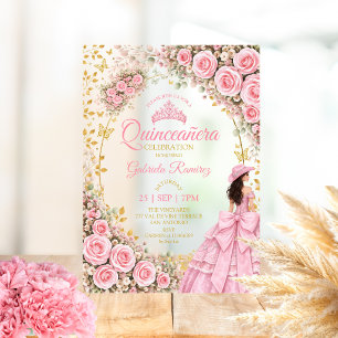 Western Pink Roses Golden Butterfly Quinceañera Acrylic Invitations