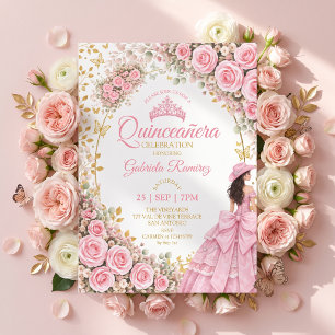 Western Pink Roses Golden Butterfly Quinceañera Invitation