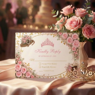 Western Pink Roses Golden Country Quinceañera RSVP Card