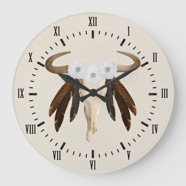 Western Prairie Floral Cow Skull Roman Numerals Large Clock (Front)