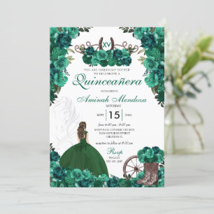 Western Princess Green Dress Charra Quinceañera Invitation