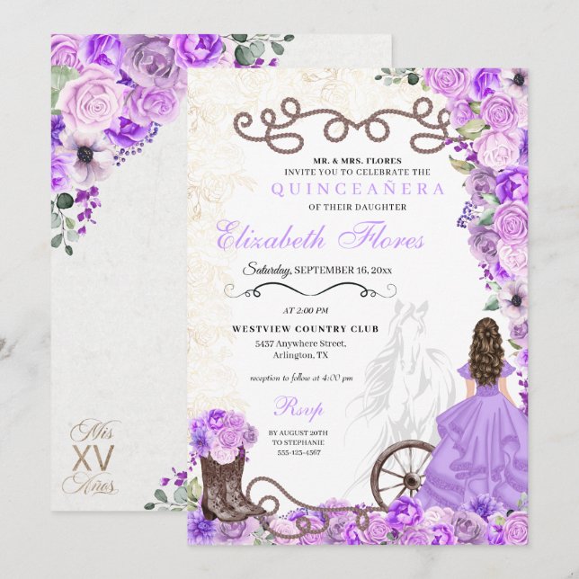 Western Purple Princess Floral Charra Quinceañera Invitation (Front/Back)
