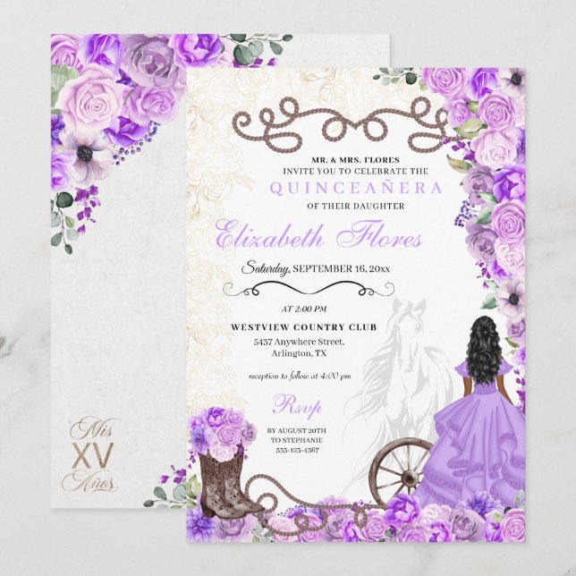 Western Purple Princess Floral Charra Quinceañera Invitation (Front/Back)