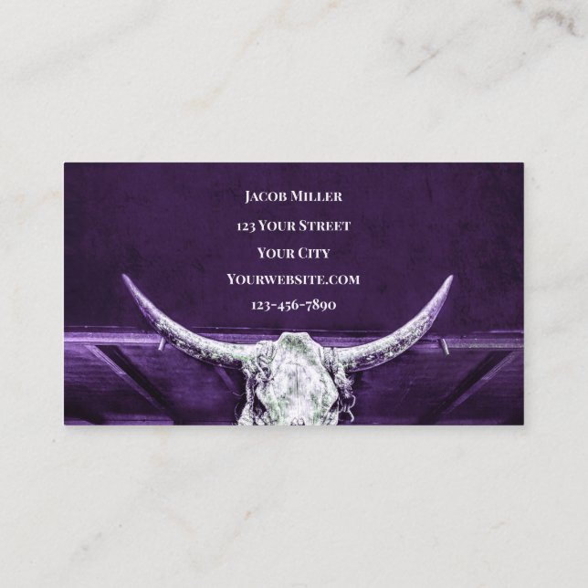 Western Purple White Rustic Bull Cow Skull Barn Business Card (Back)