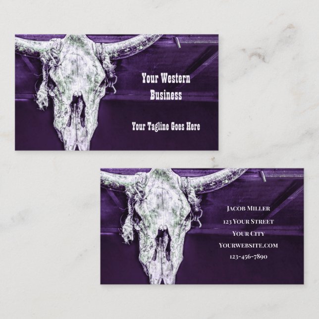Western Purple White Rustic Bull Cow Skull Barn Business Card (Front/Back)