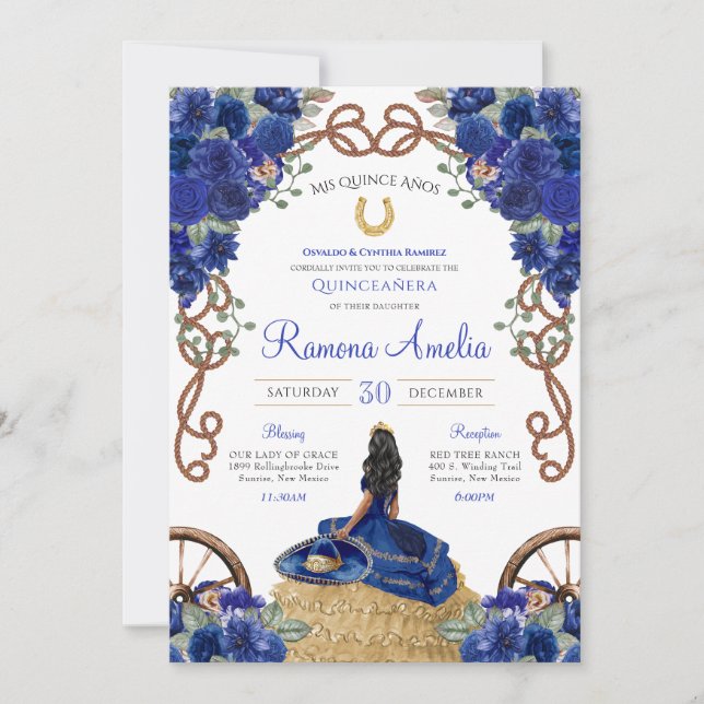 Western Quinceañera Blue Floral Charro Invitation (Front)