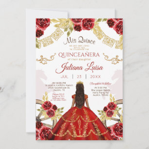 Western Quinceañera Floral Red Gold Charra Horses Invitation
