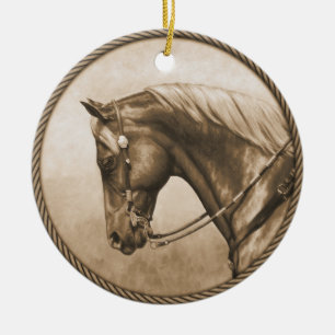 Western Ranch Horse Old Photo Sepia Ceramic Tree Decoration