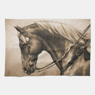 Western Ranch Horse Old Photo Sepia Tea Towel