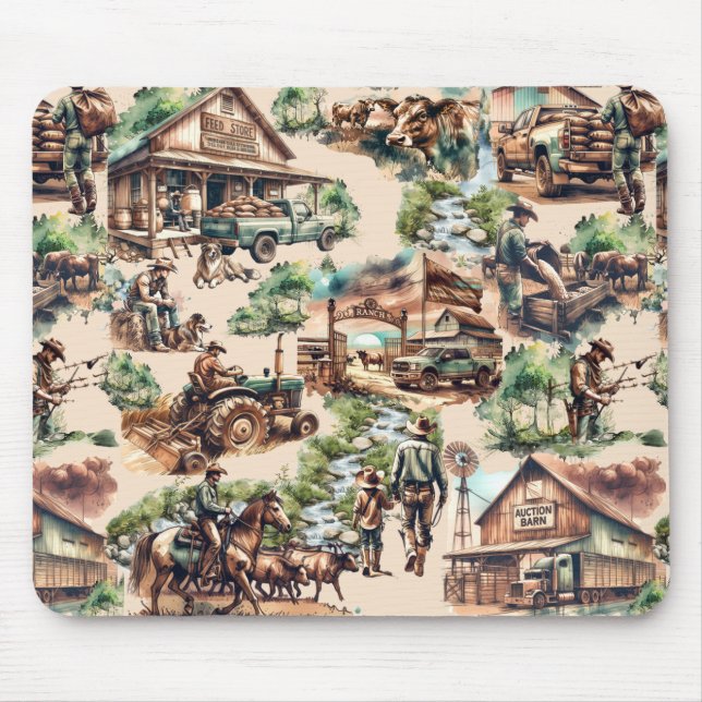 Western Ranch or Country Farm Scene Mouse Mat (Front)
