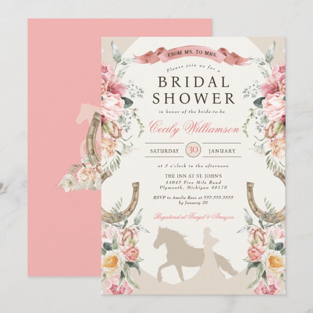 Western Ranch Pink Floral Country Bridal Shower Invitation (Front/Back)