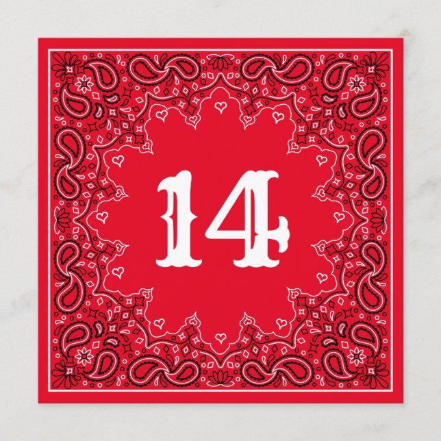 Western Red Bandanna Square Wedding Table Number (Front)