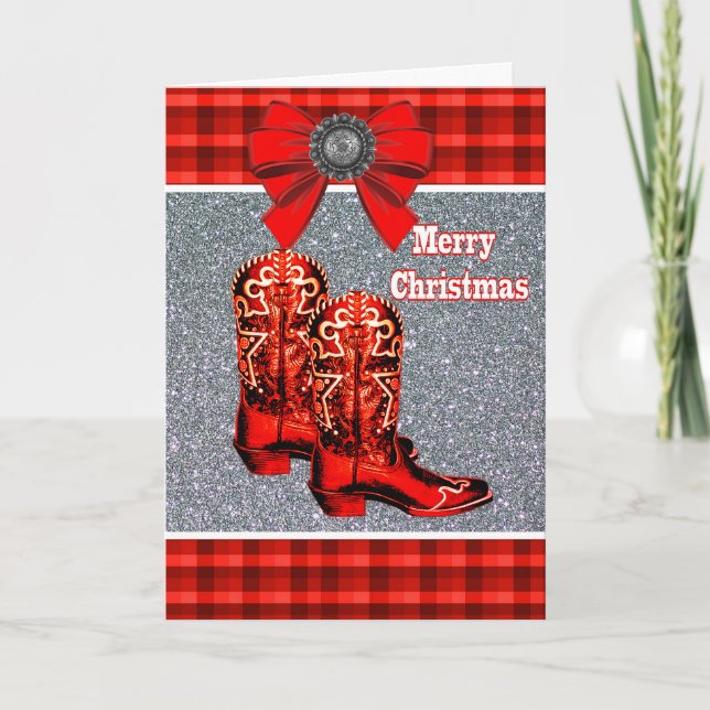 Western Red Cowboy Boots And Plaid Holiday Card (Front)