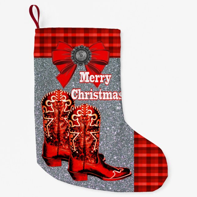 Western Red Cowboy Boots With Plaid Small Christmas Stocking (Front)