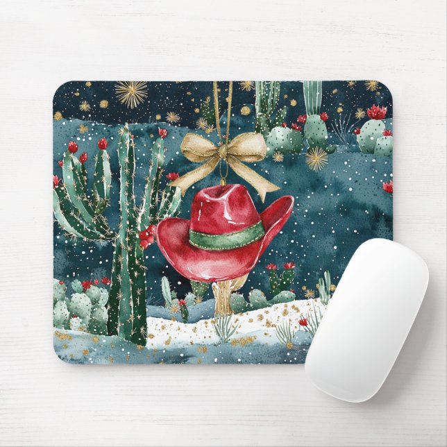 Western Red Cowboy Hat Cactus  Mouse Mat (With Mouse)