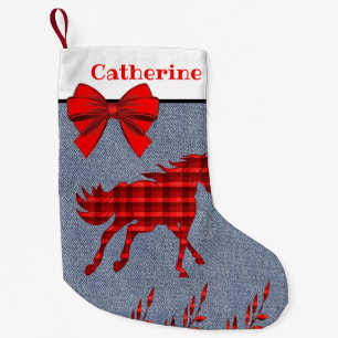 Western Red Plaid Horse On Faux Denim Small Christmas Stocking