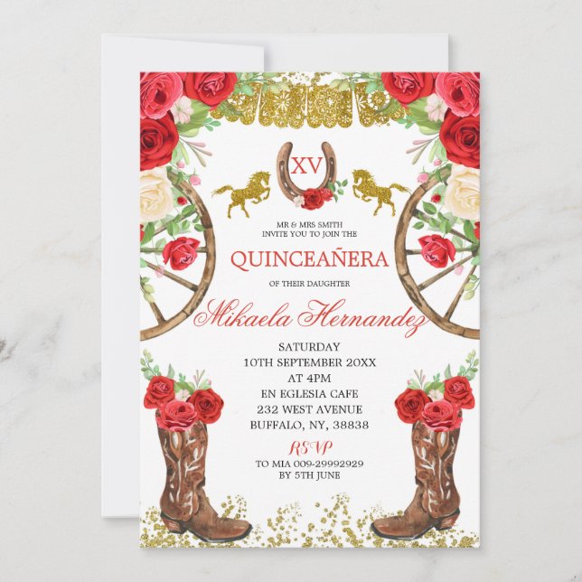 Western Red Rose Charra Quinceanera Invitation (Front)