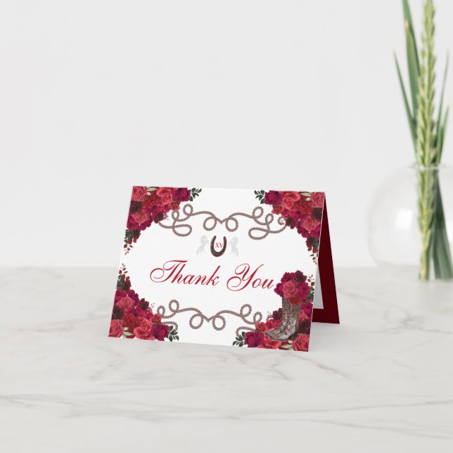Western Red Roses Charra Quinceanera Thank You Invitation (Front)