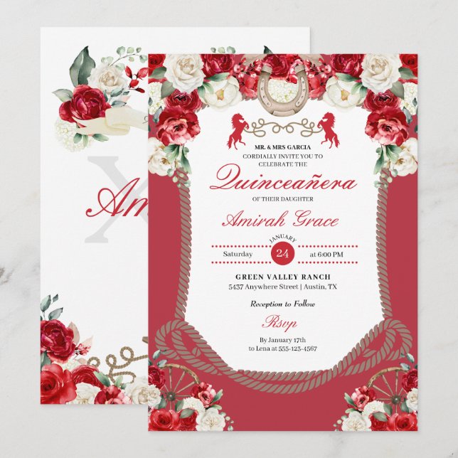 Western Red Roses Charro Cowgirl Quinceañera Invitation (Front/Back)